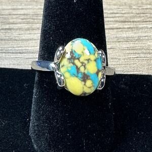 925 Sterling Silver Turquoise Yellow Matrix Style Stone Ring Boho Western Sz 9.5